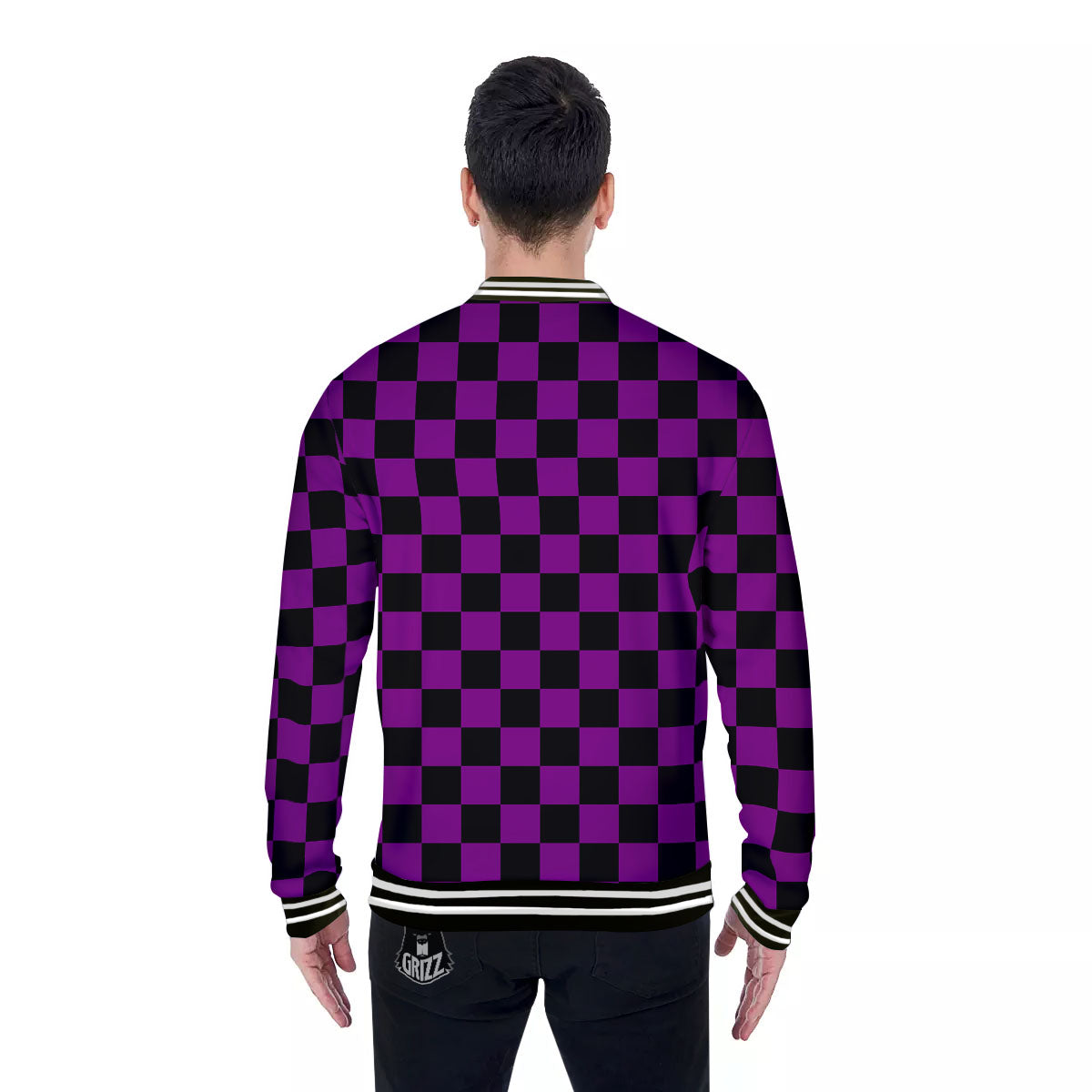 Checkered Black And Purple Print Pattern Baseball Jacket-grizzshop
