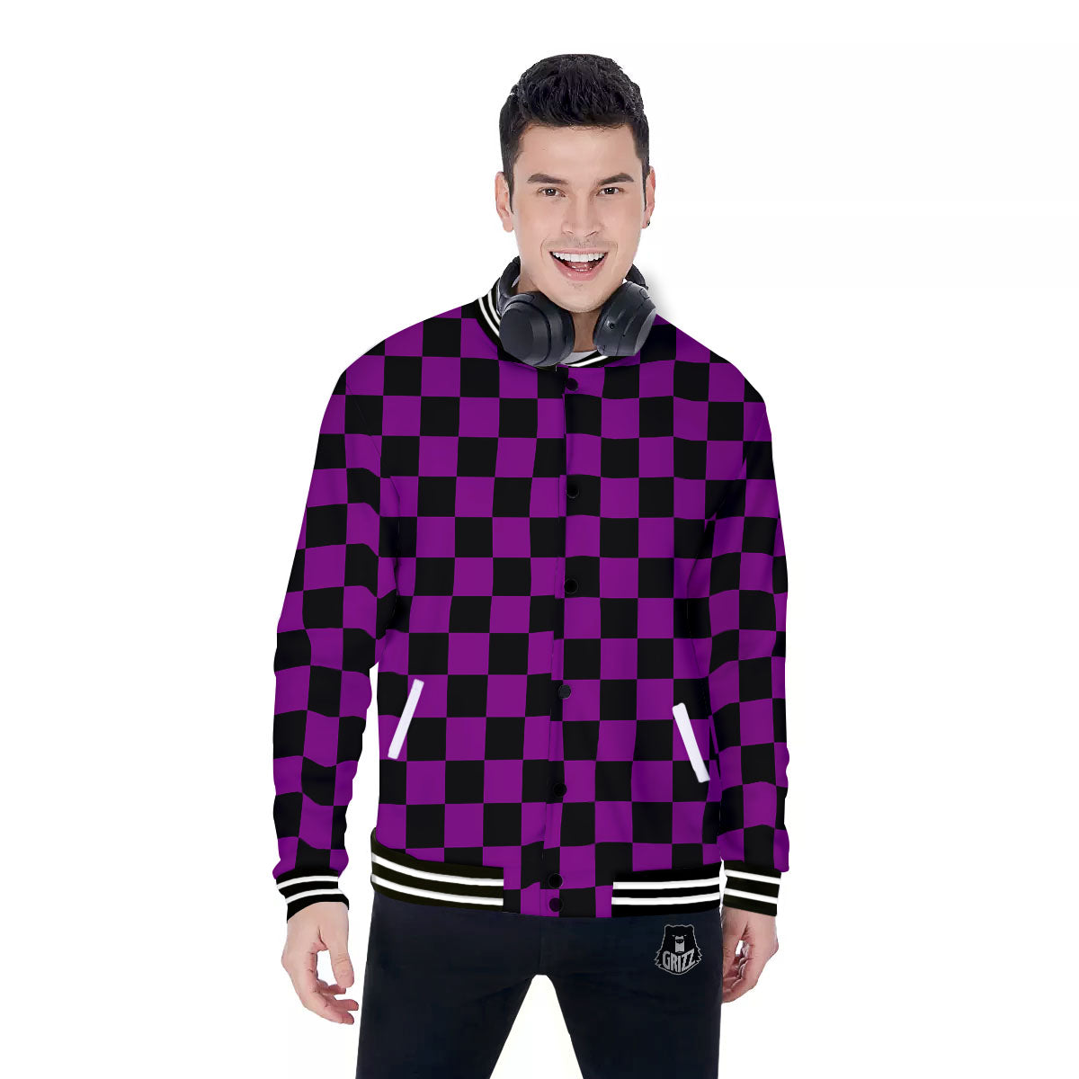 Checkered Black And Purple Print Pattern Baseball Jacket-grizzshop