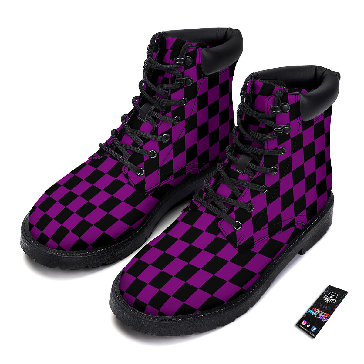 Checkered Black And Purple Print Pattern Boots-grizzshop