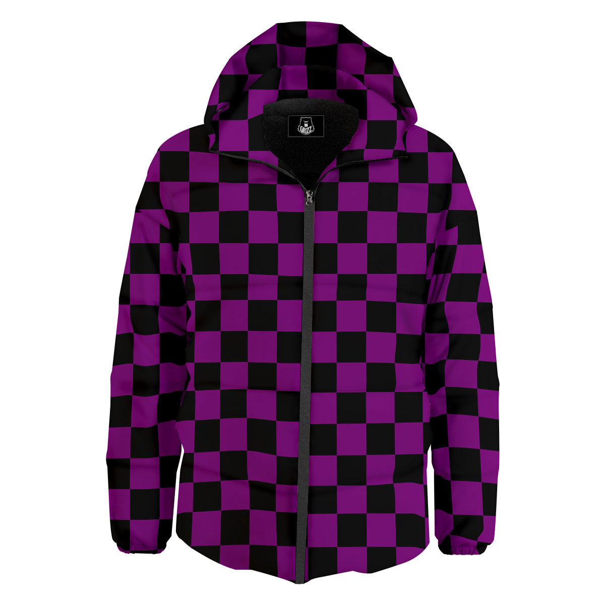 Checkered Black And Purple Print Pattern Down Jacket-grizzshop