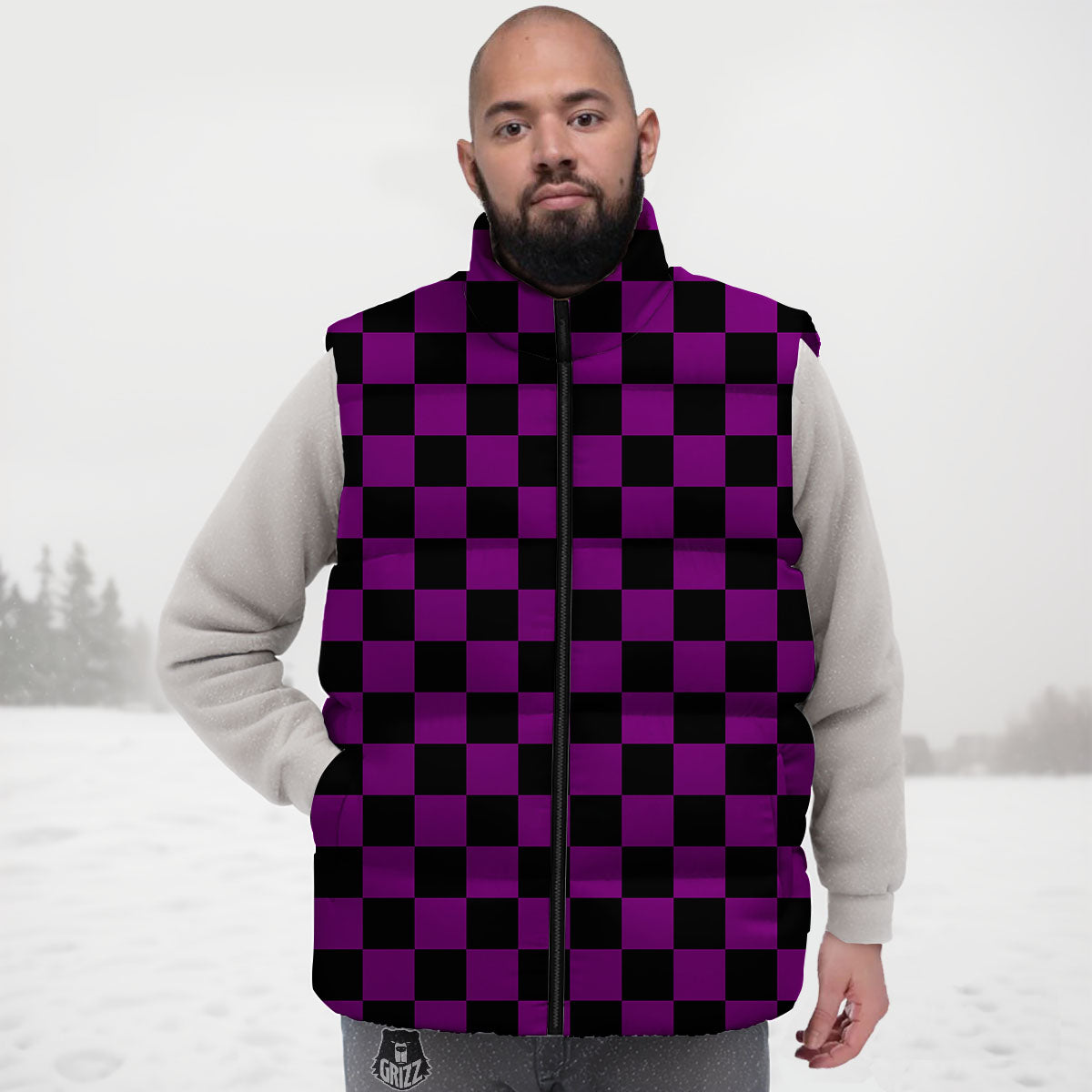 Checkered Black And Purple Print Pattern Down Vest