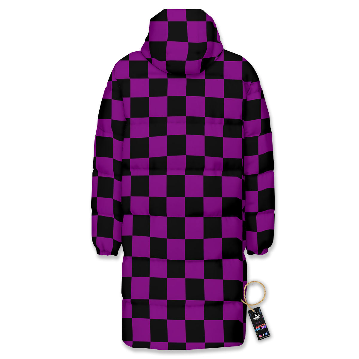 Checkered Black And Purple Print Pattern Long Down Jacket-grizzshop