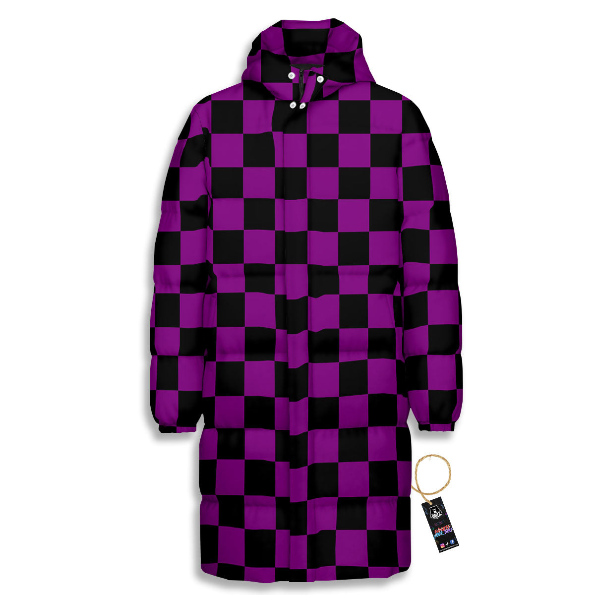 Checkered Black And Purple Print Pattern Long Down Jacket-grizzshop