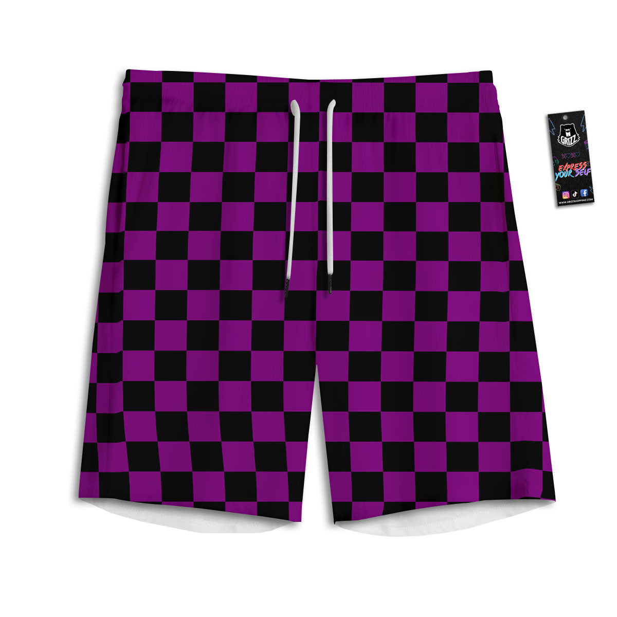 Checkered Black And Purple Print Pattern Men's Athletic Shorts