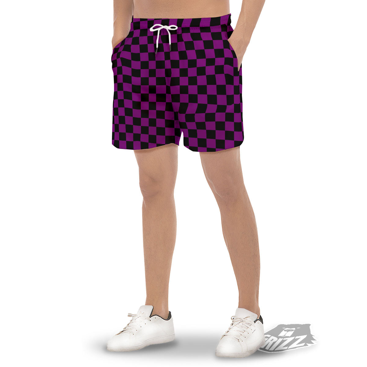 Checkered Black And Purple Print Pattern Men's Gym Shorts-grizzshop