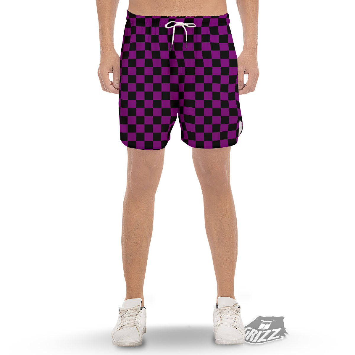 Checkered Black And Purple Print Pattern Men's Gym Shorts-grizzshop