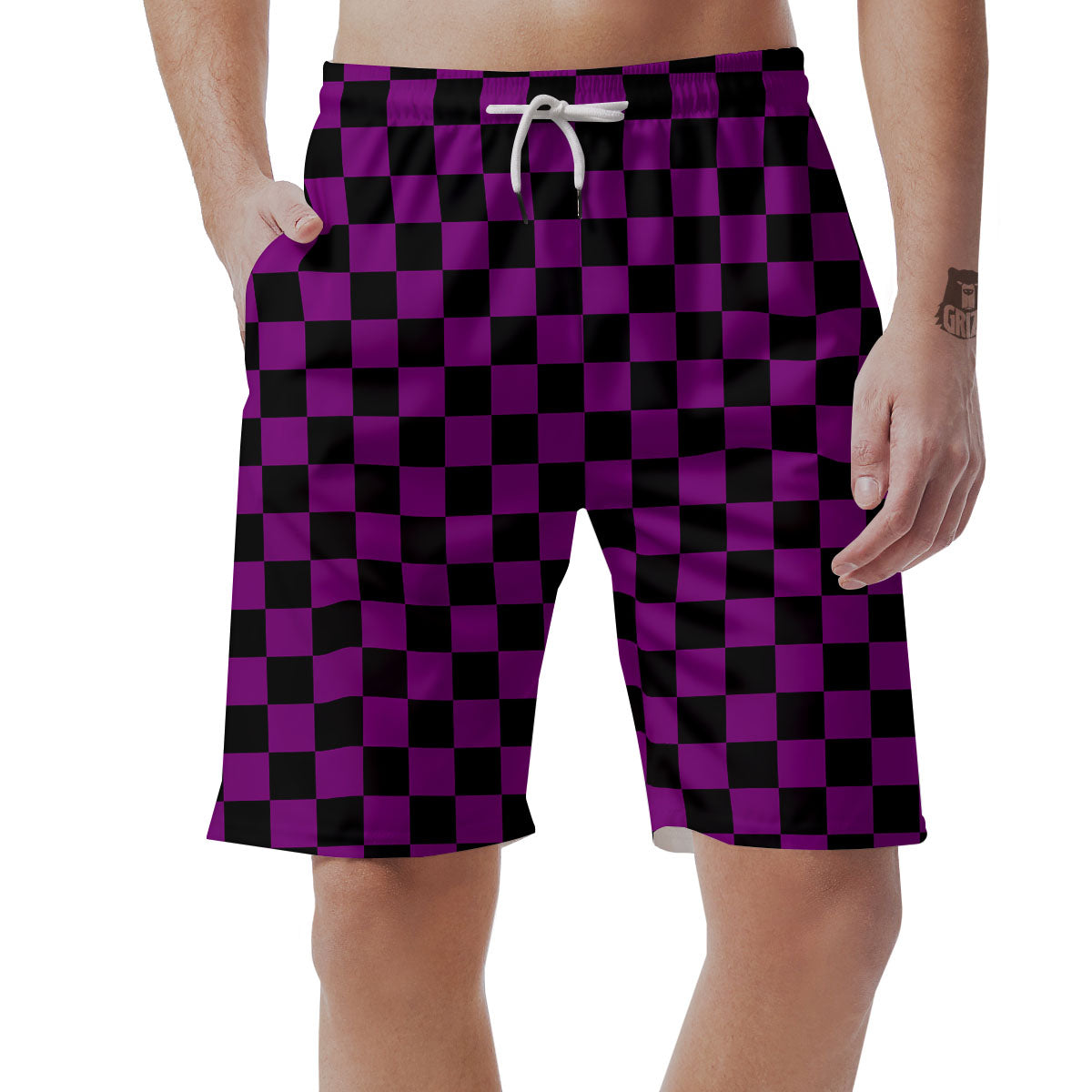 Checkered Black And Purple Print Pattern Men's Shorts-grizzshop