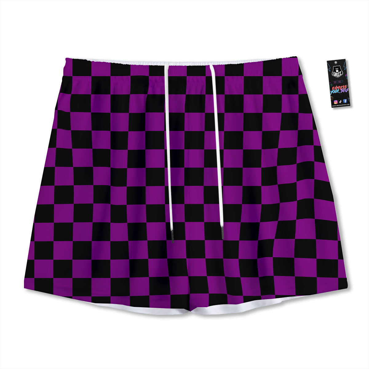 Checkered Black And Purple Print Pattern Mesh Shorts