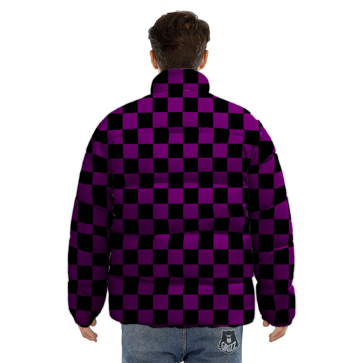 Checkered Black And Purple Print Pattern Puffer Jacket-grizzshop