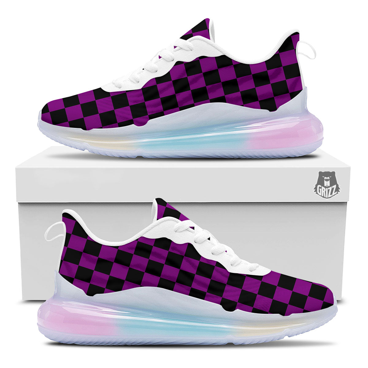 Checkered Black And Purple Print Pattern Running Sneakers-grizzshop