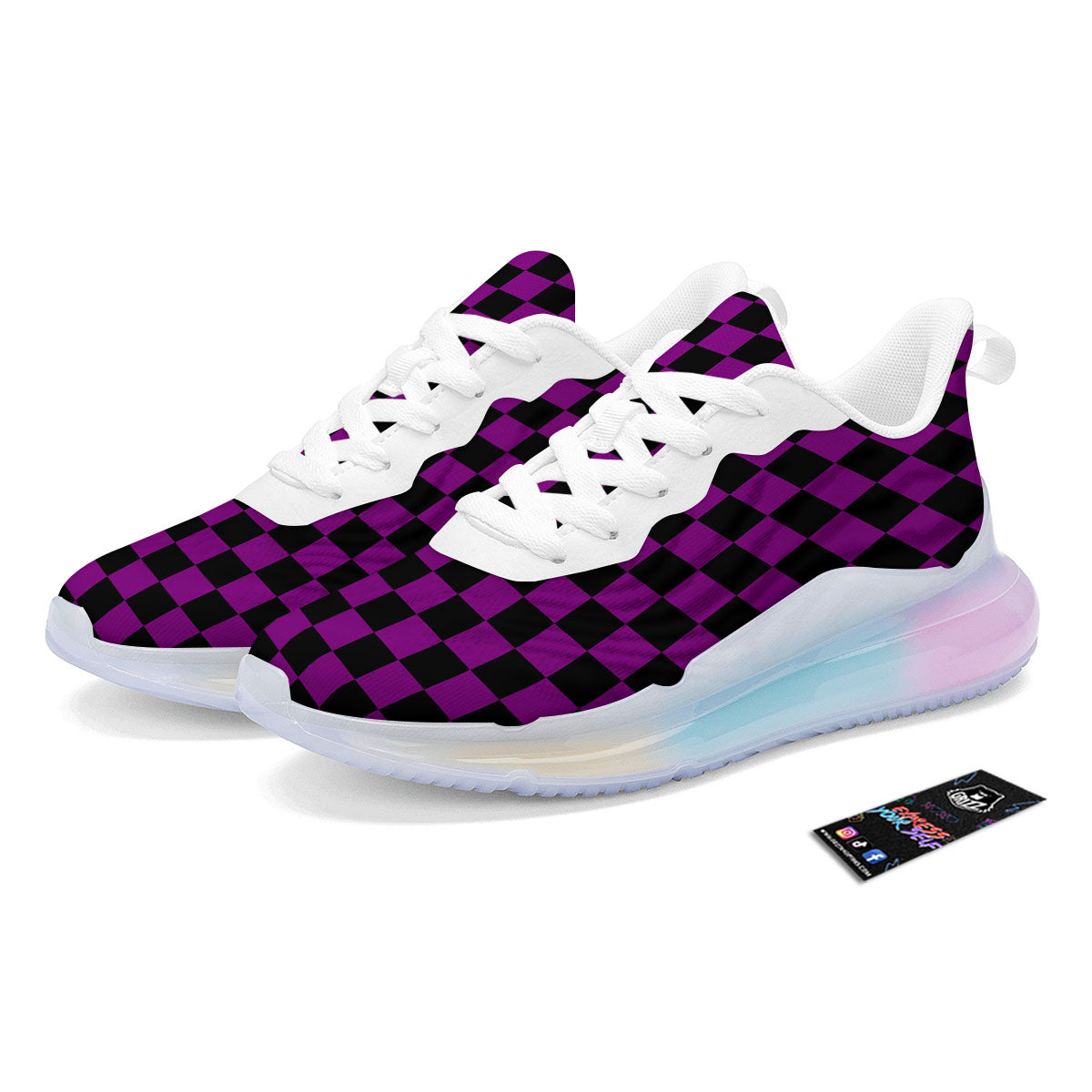 Checkered Black And Purple Print Pattern Running Sneakers-grizzshop