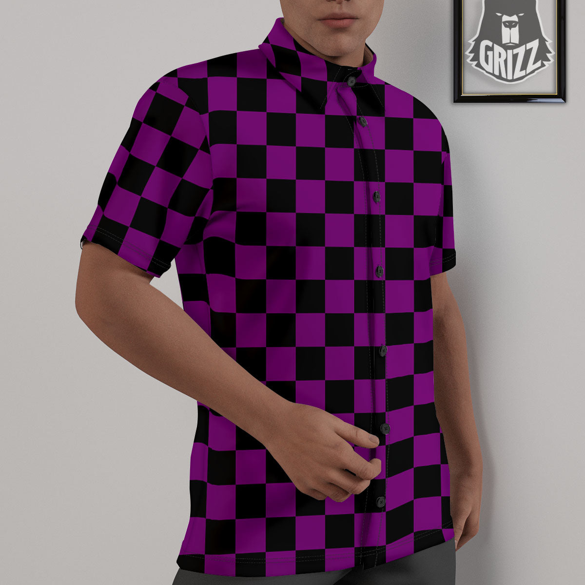 Checkered Black And Purple Print Pattern Untucked Shirts-grizzshop