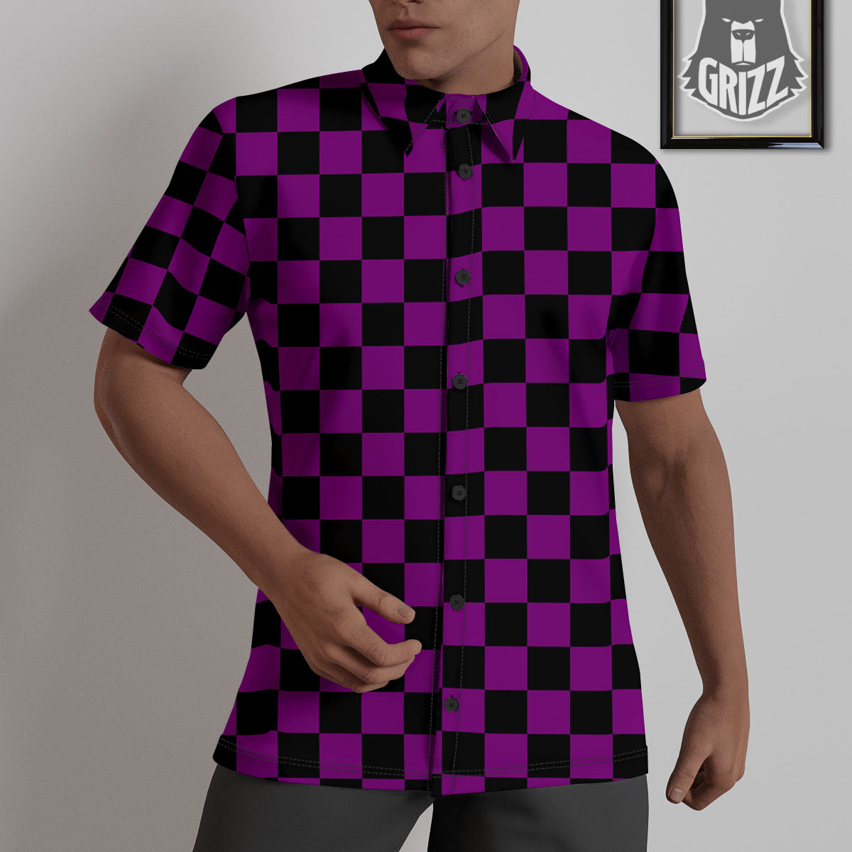 Checkered Black And Purple Print Pattern Untucked Shirts-grizzshop