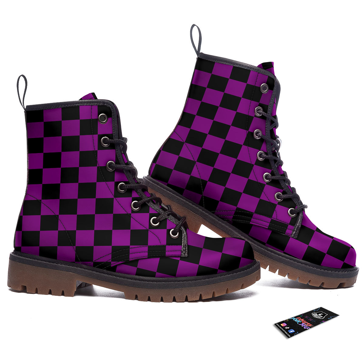 Checkered Black And Purple Print Pattern Work Boots-grizzshop