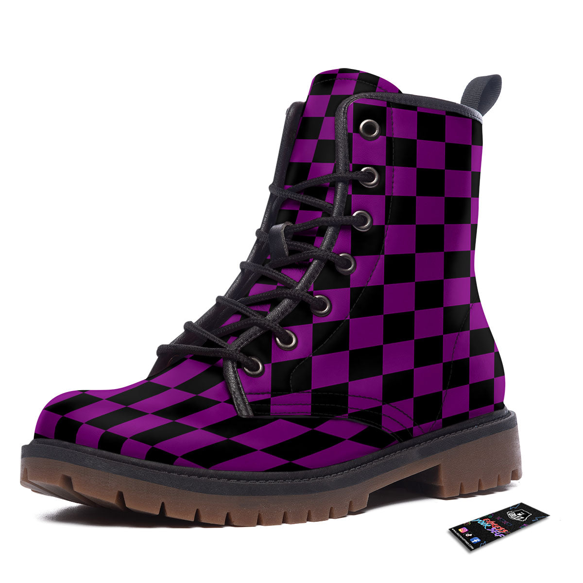 Checkered Black And Purple Print Pattern Work Boots-grizzshop