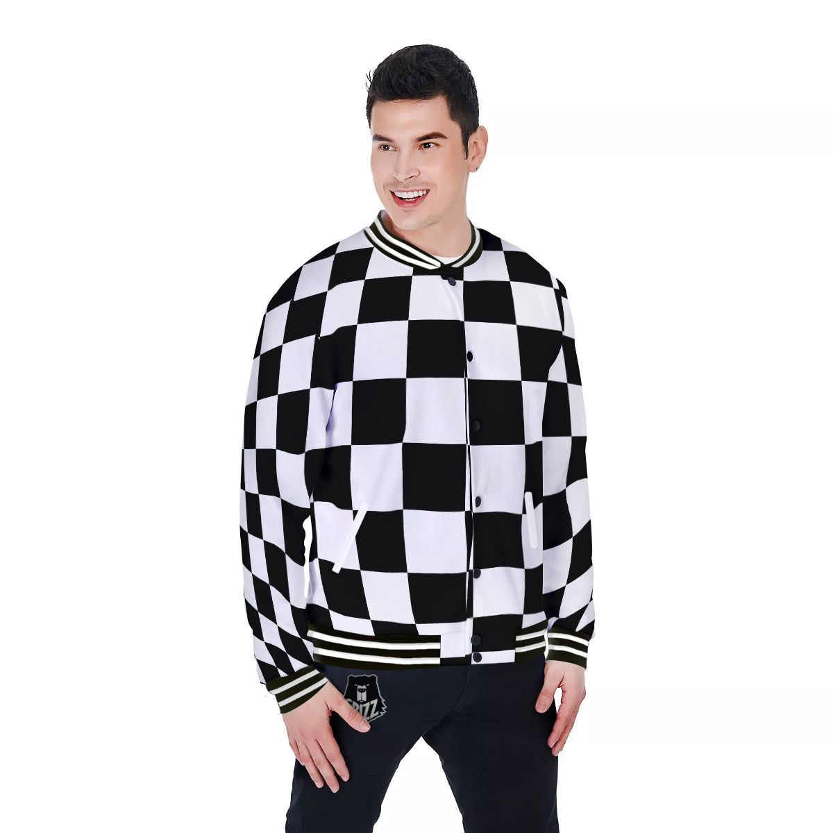 Checkered Board And Convex Shape Print Baseball Jacket-grizzshop