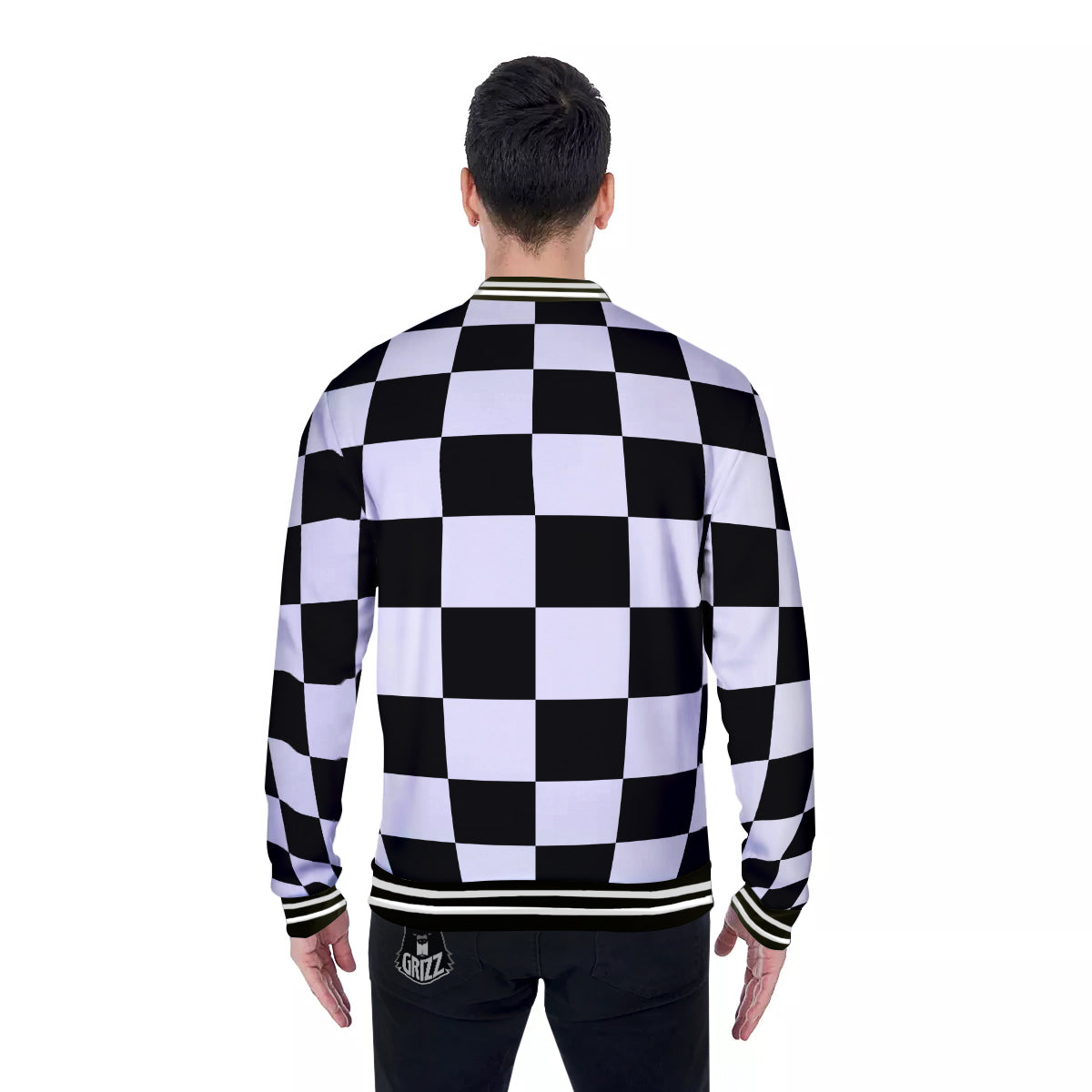 Checkered Board And Convex Shape Print Baseball Jacket-grizzshop