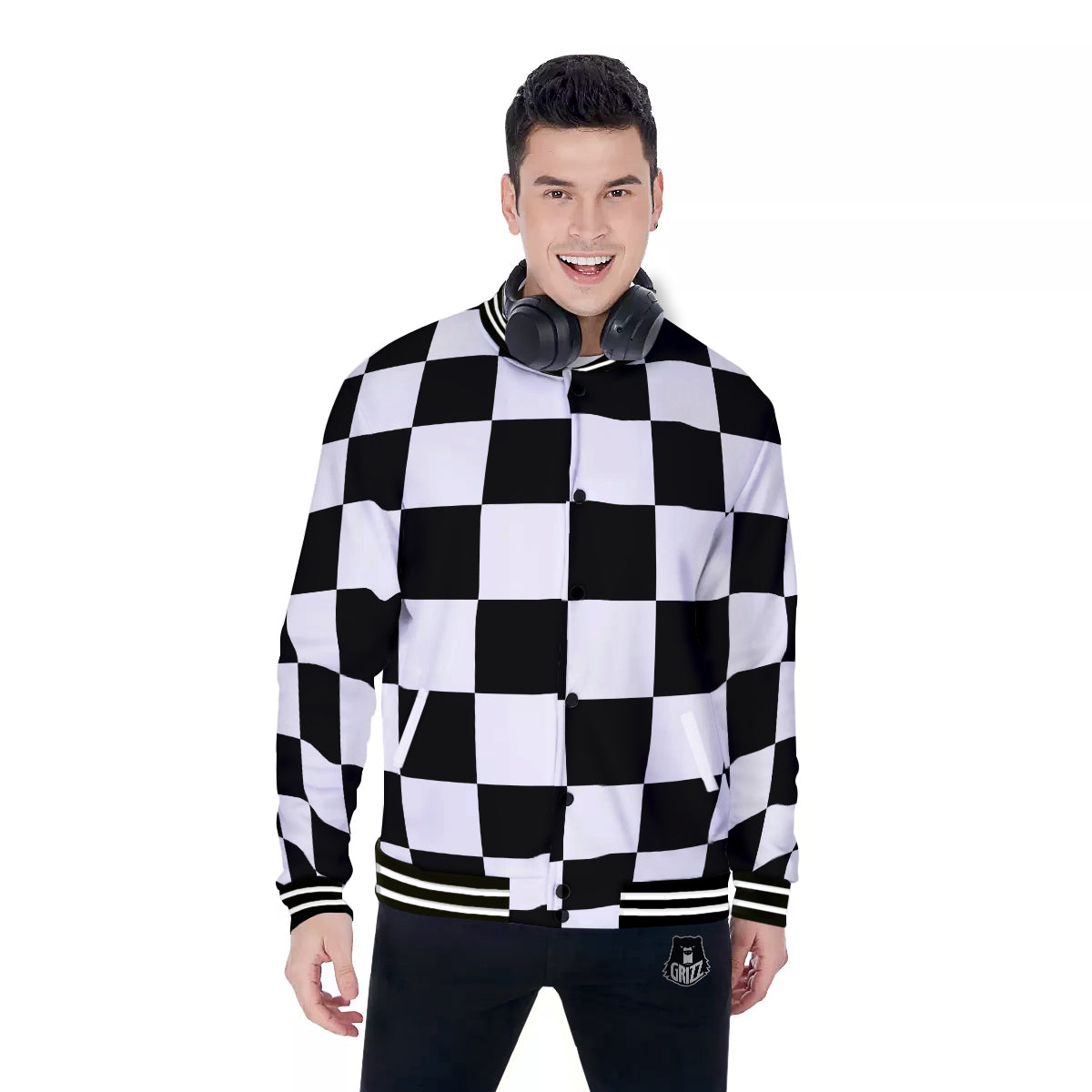 Checkered Board And Convex Shape Print Baseball Jacket-grizzshop