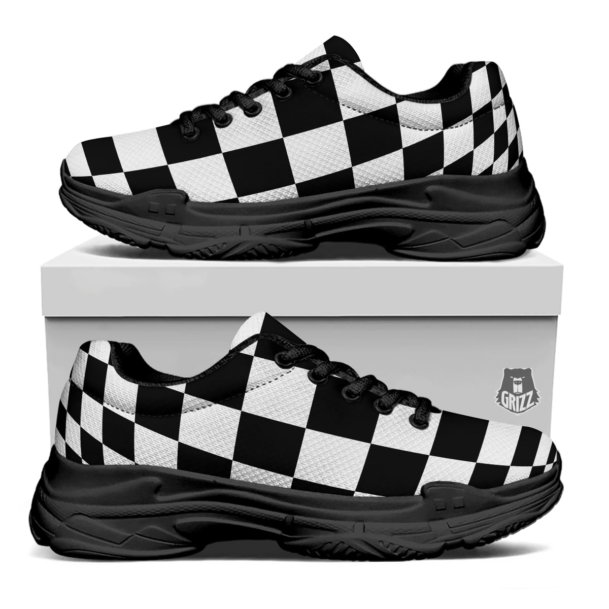 Checkered Board And Convex Shape Print Black Chunky Shoes-grizzshop