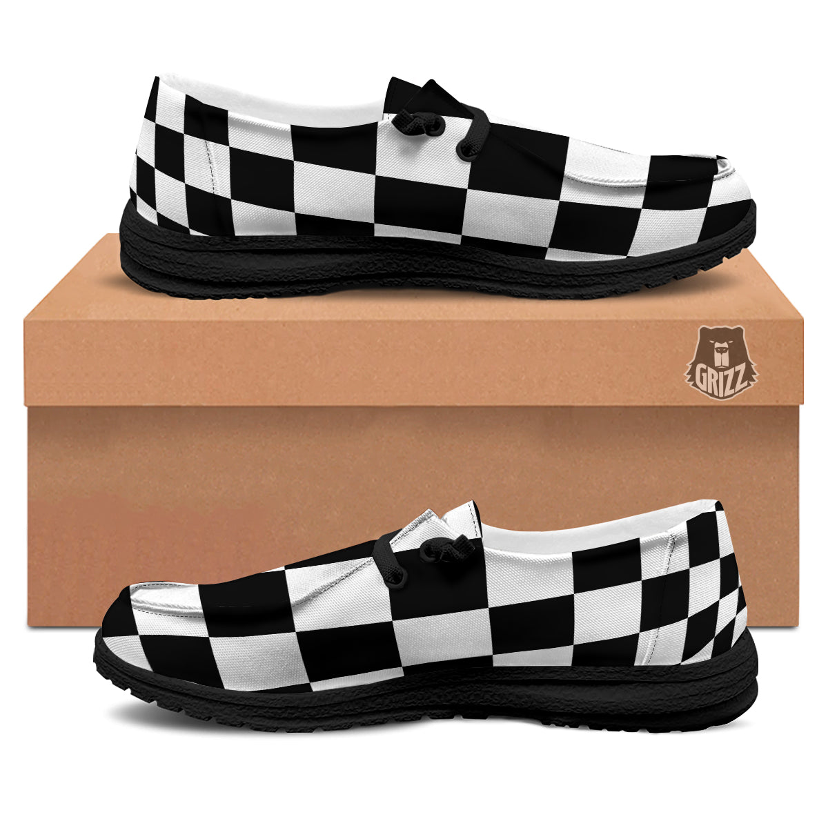 Checkered Board And Convex Shape Print Black Loafers-grizzshop