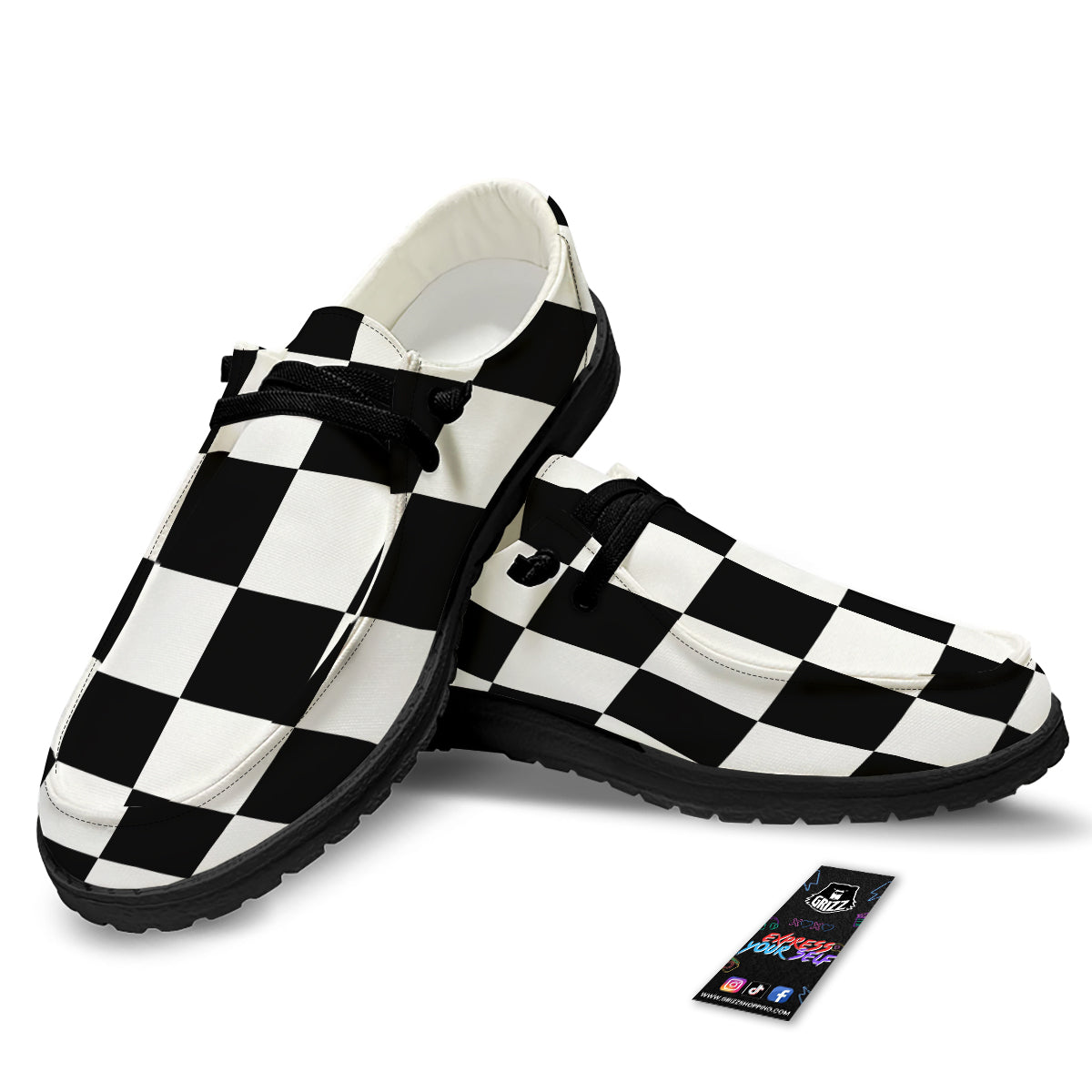 Checkered Board And Convex Shape Print Black Loafers-grizzshop