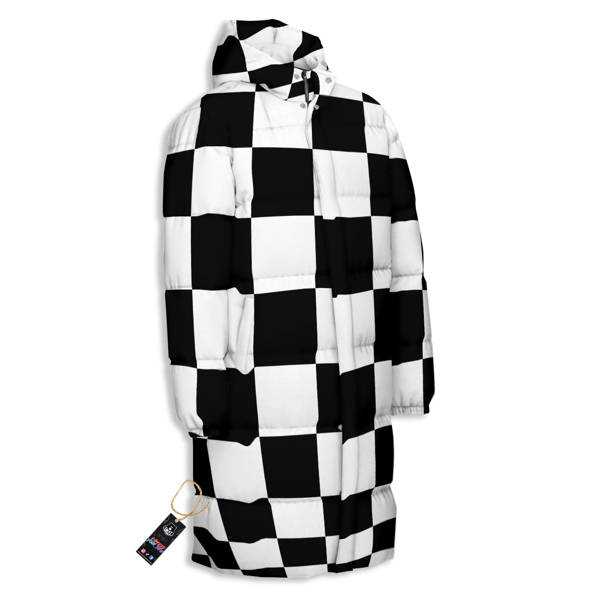 Checkered Board And Convex Shape Print Long Down Jacket-grizzshop