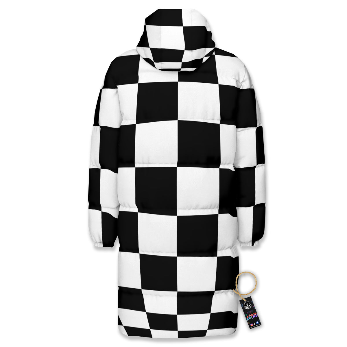 Checkered Board And Convex Shape Print Long Down Jacket-grizzshop
