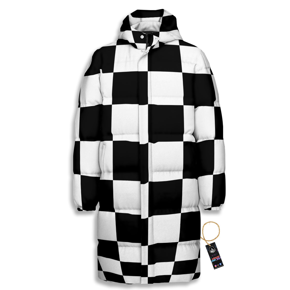 Checkered Board And Convex Shape Print Long Down Jacket-grizzshop