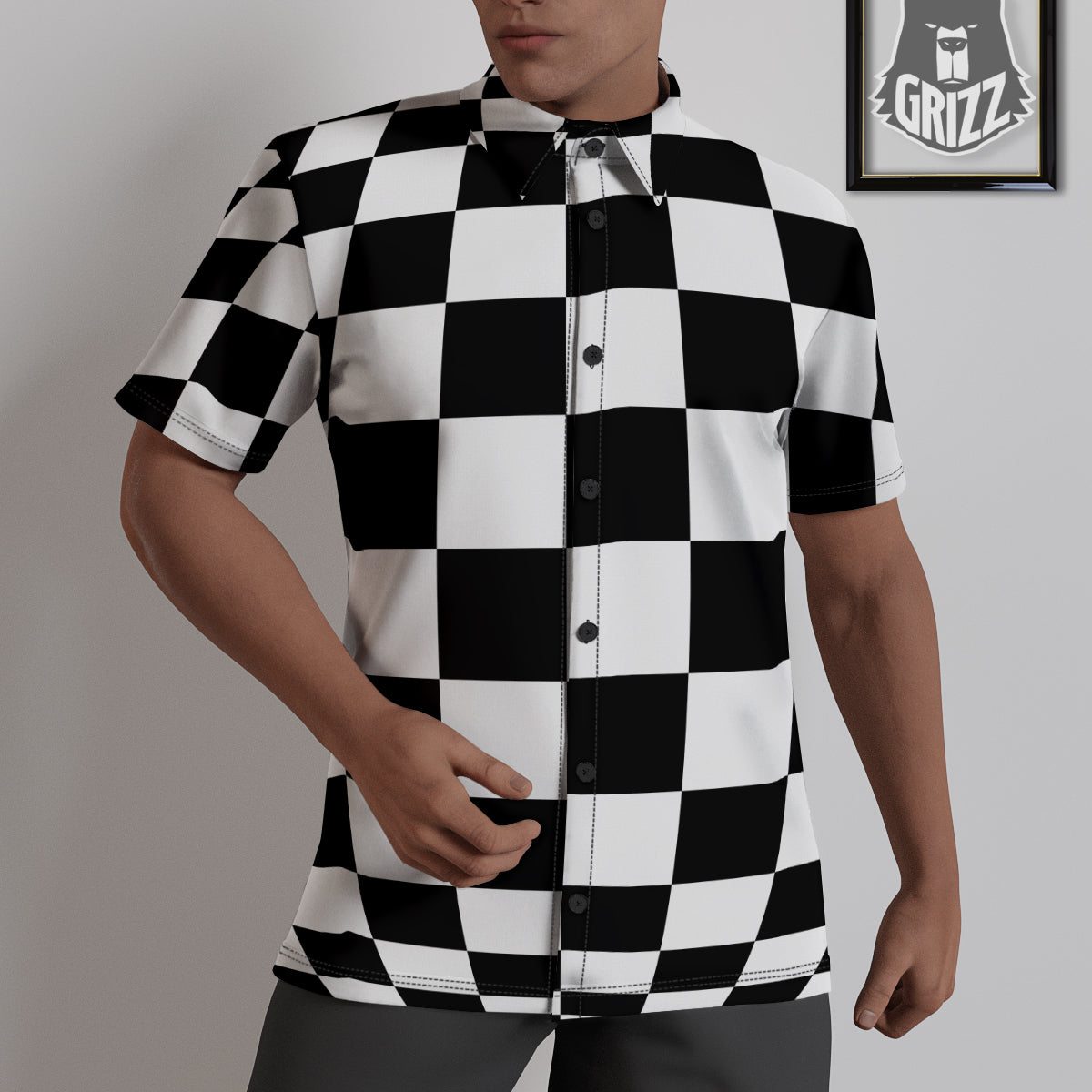 Checkered Board And Convex Shape Print Untucked Shirts-grizzshop