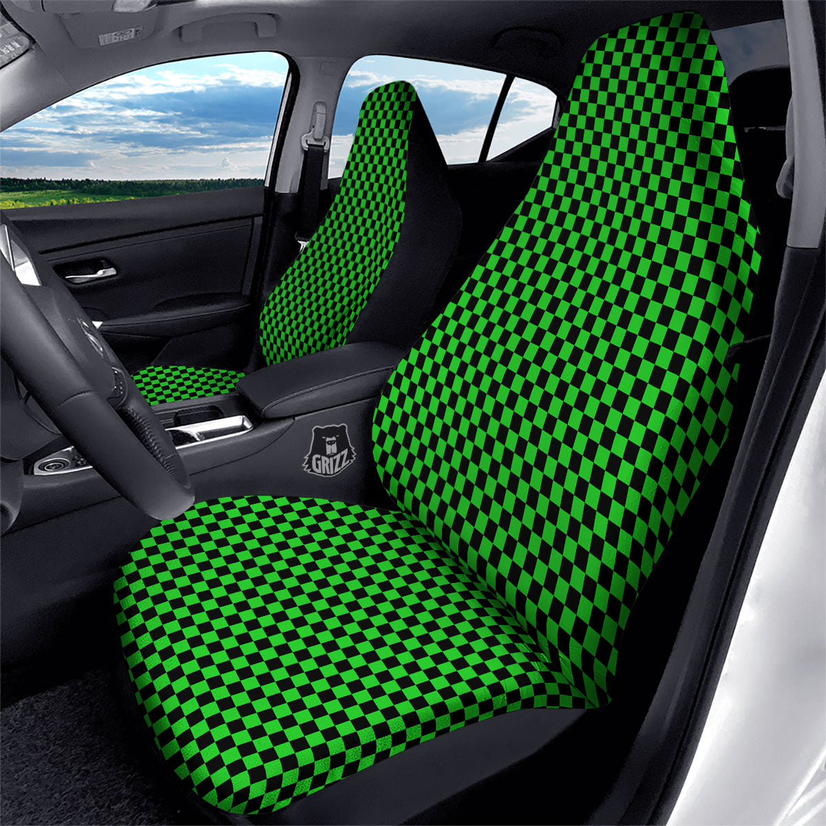 Checkered Green And Black Print Car Seat Covers-grizzshop