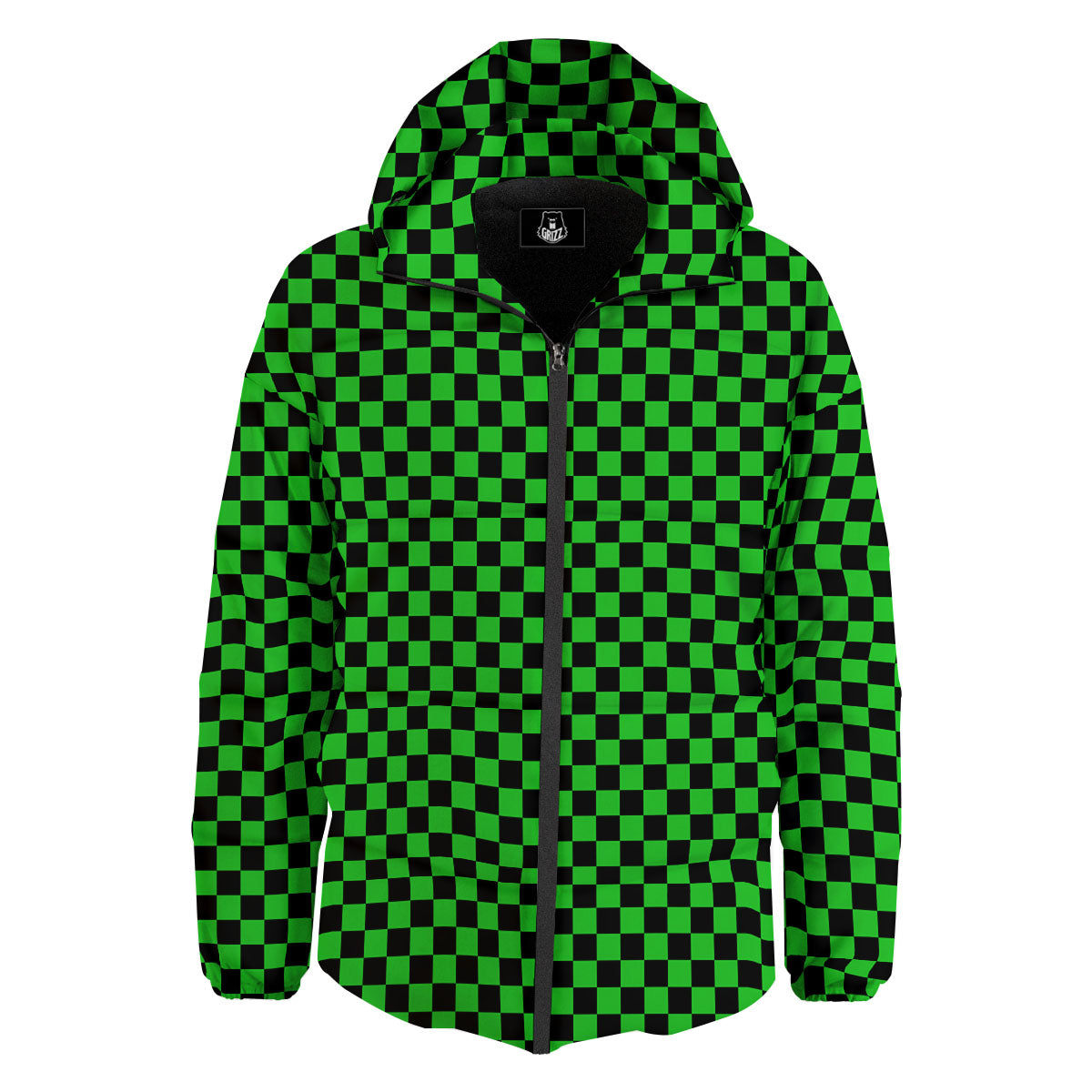 Checkered Green And Black Print Down Jacket-grizzshop