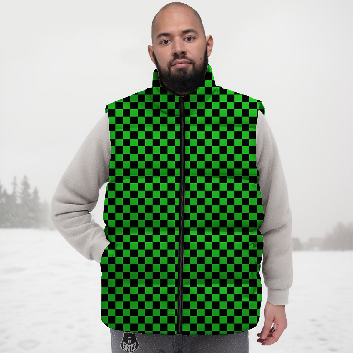 Checkered Green And Black Print Down Vest