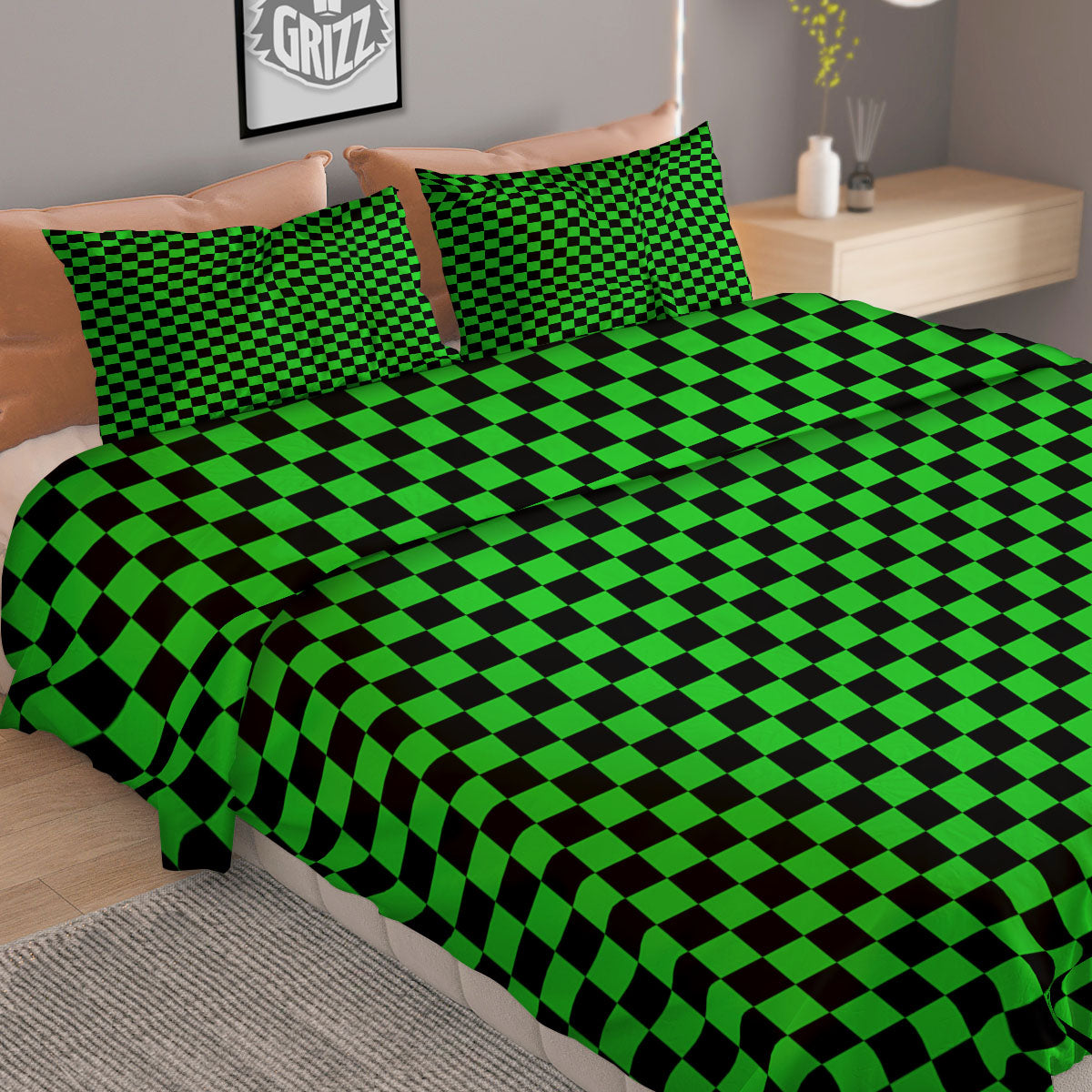 Checkered Green And Black Print Duvet Cover Bedding Set