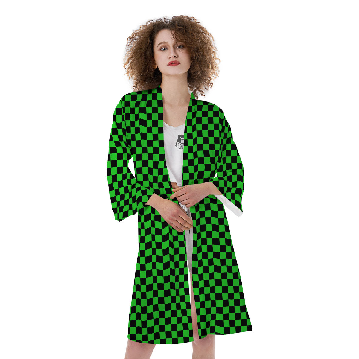 Checkered Green And Black Print Kimono-grizzshop