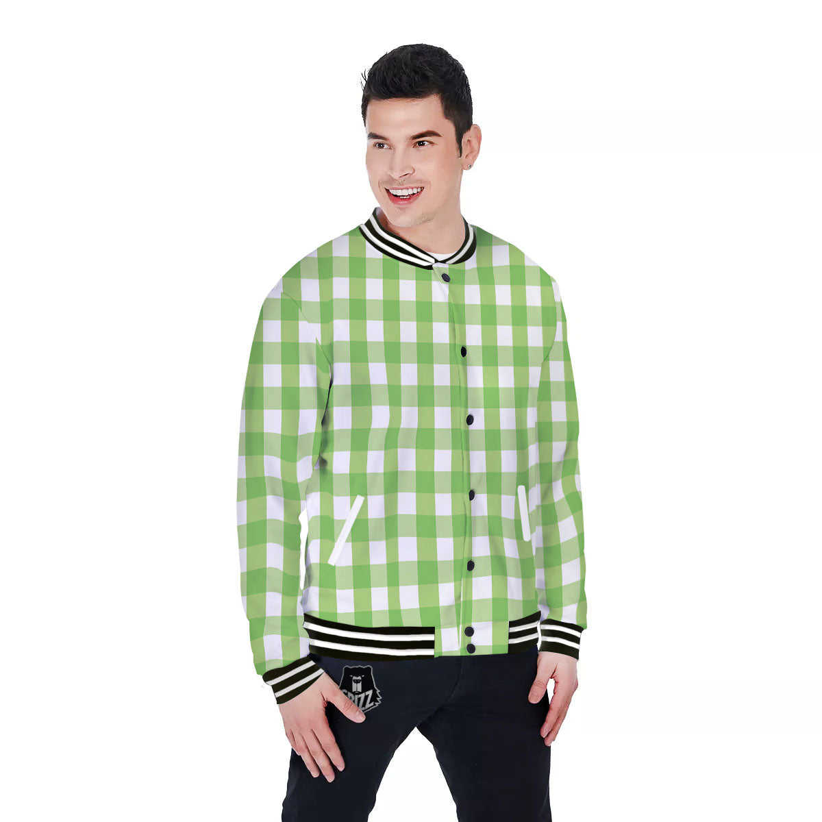 Checkered Green And White Print Pattern Baseball Jacket-grizzshop