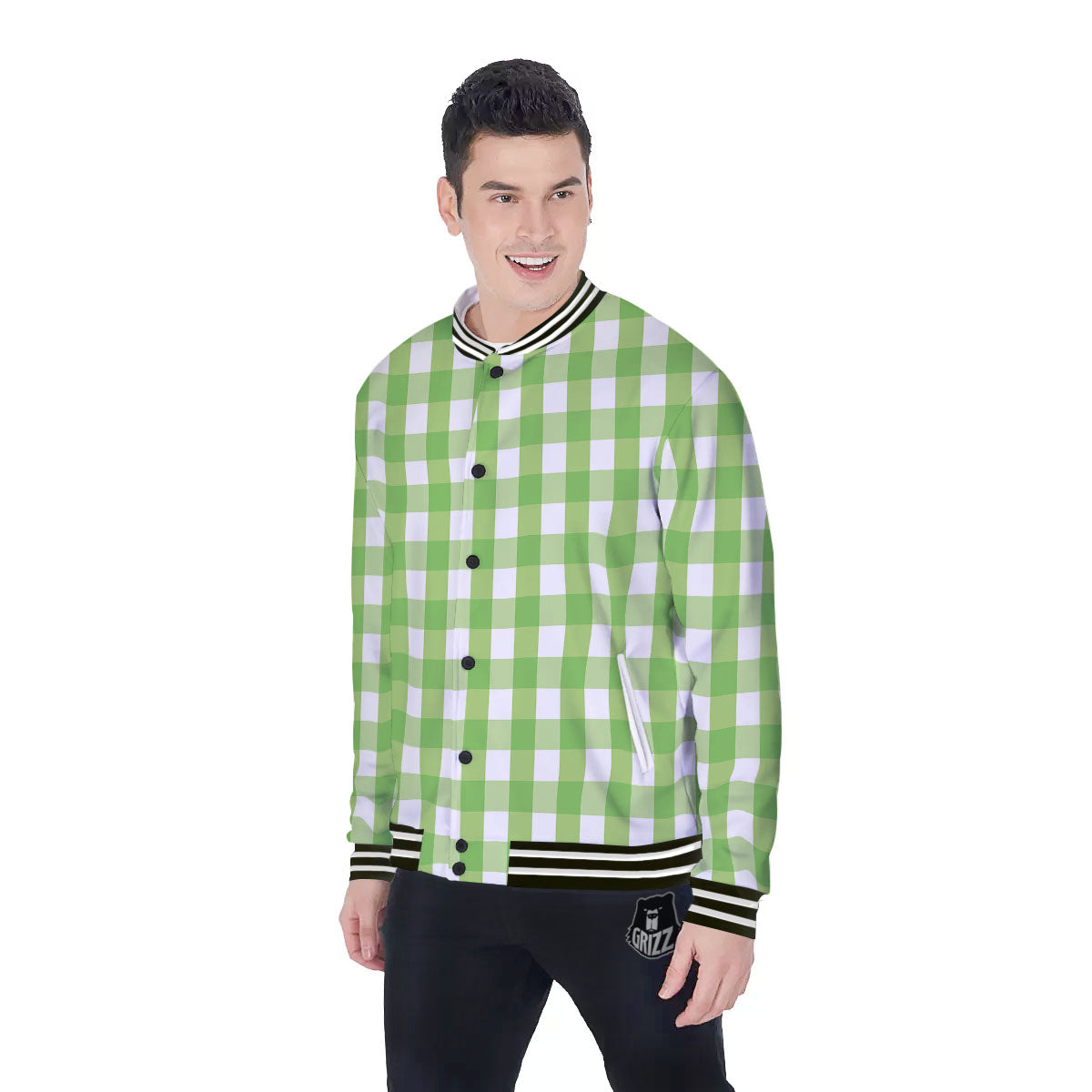 Checkered Green And White Print Pattern Baseball Jacket-grizzshop