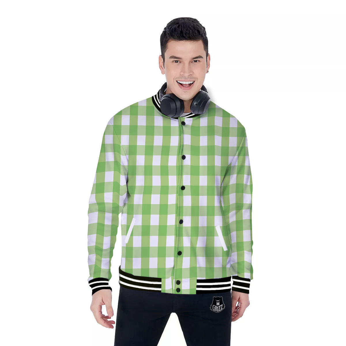 Checkered Green And White Print Pattern Baseball Jacket-grizzshop