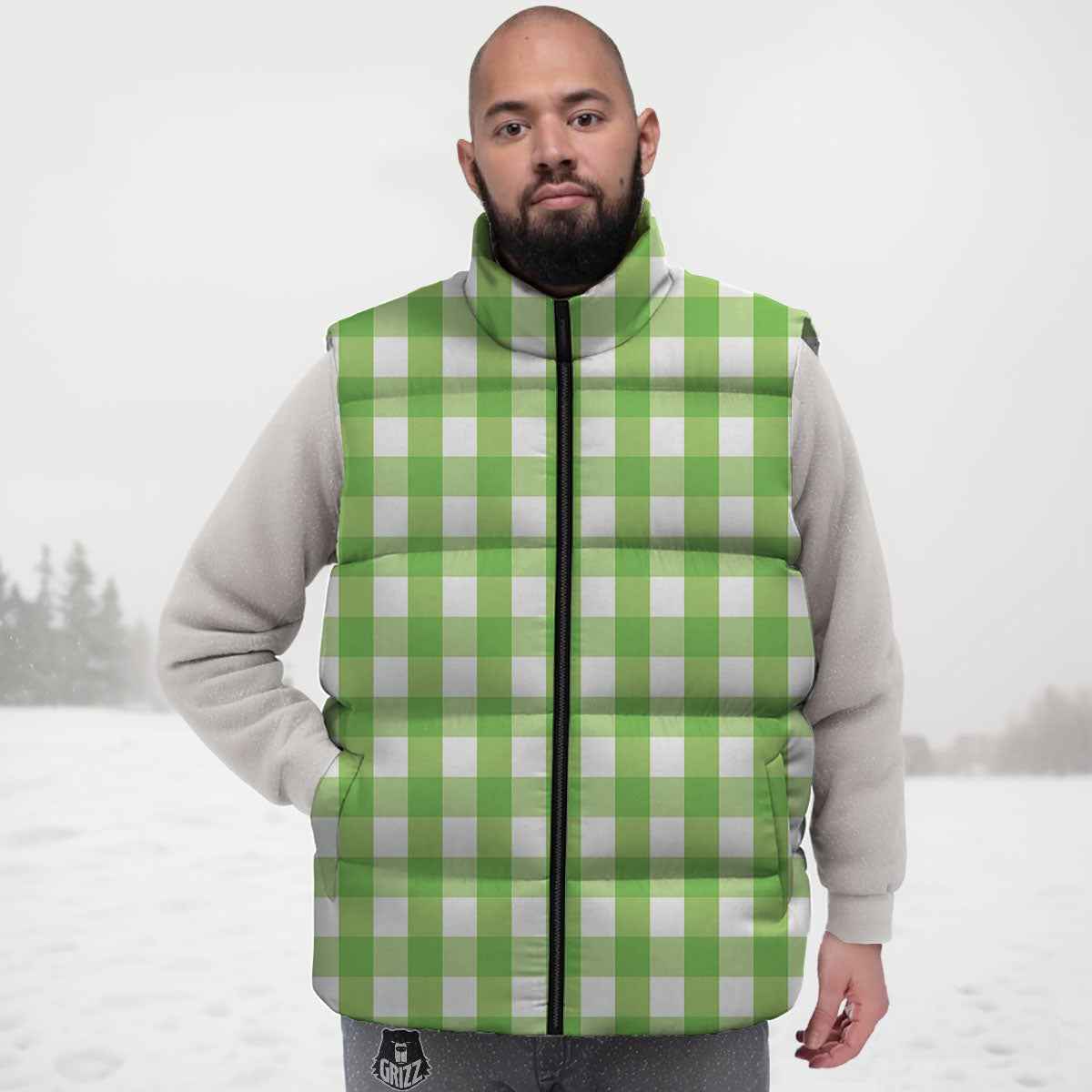 Checkered Green And White Print Pattern Down Vest
