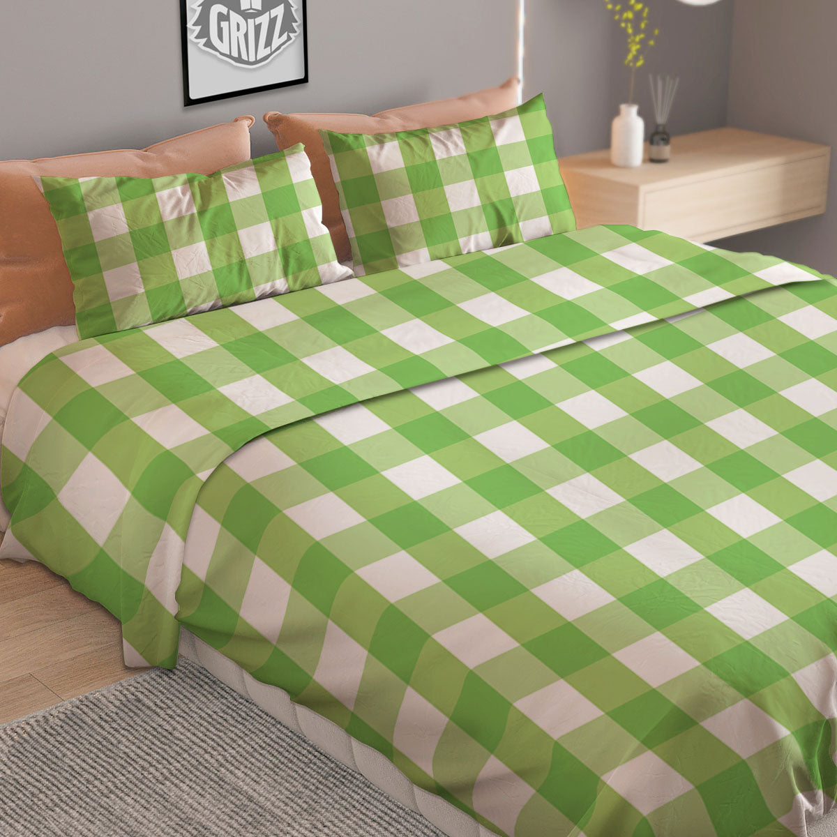 Checkered Green And White Print Pattern Duvet Cover Bedding Set