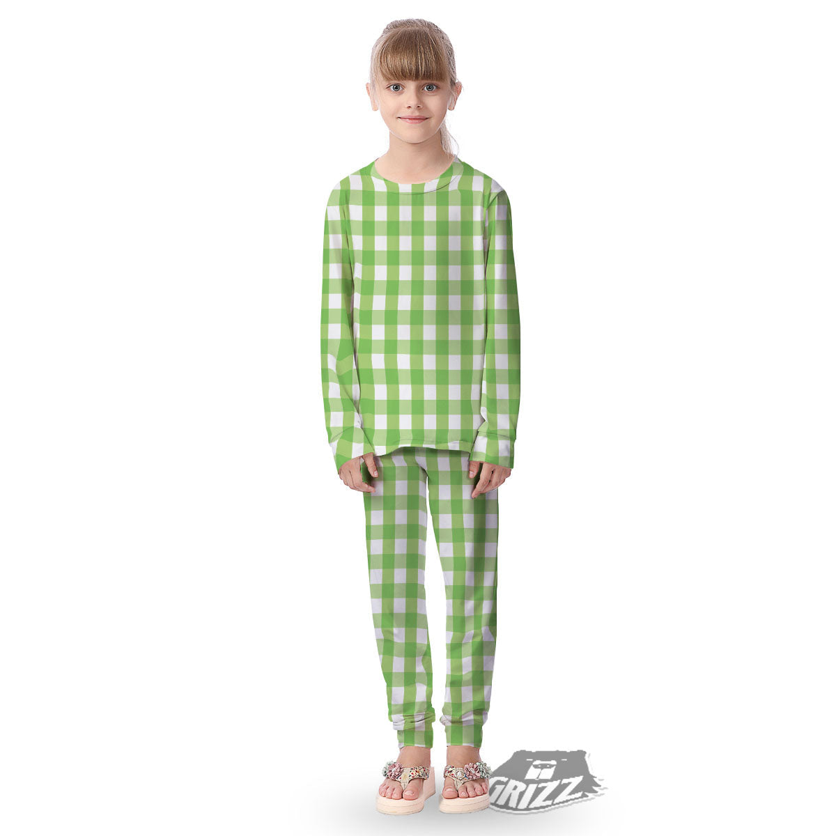 Checkered Green And White Print Pattern Kid's Pajamas-grizzshop