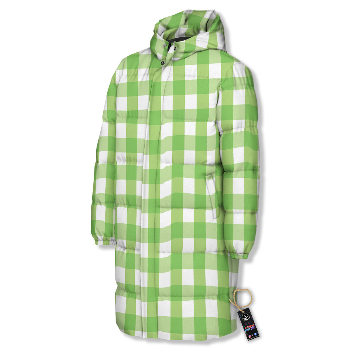 Checkered Green And White Print Pattern Long Down Jacket-grizzshop