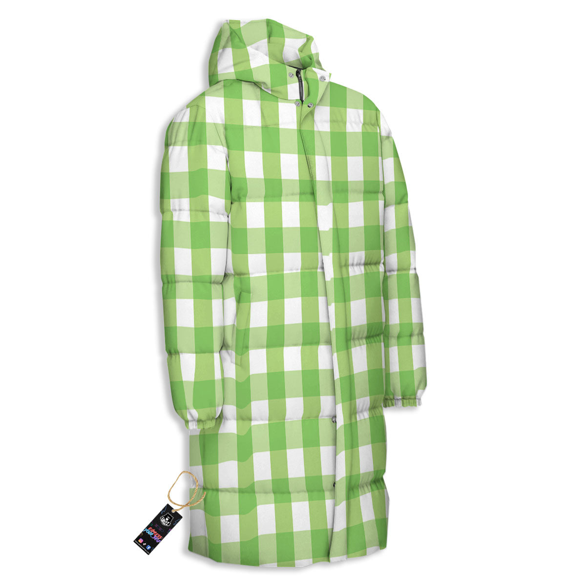Checkered Green And White Print Pattern Long Down Jacket-grizzshop