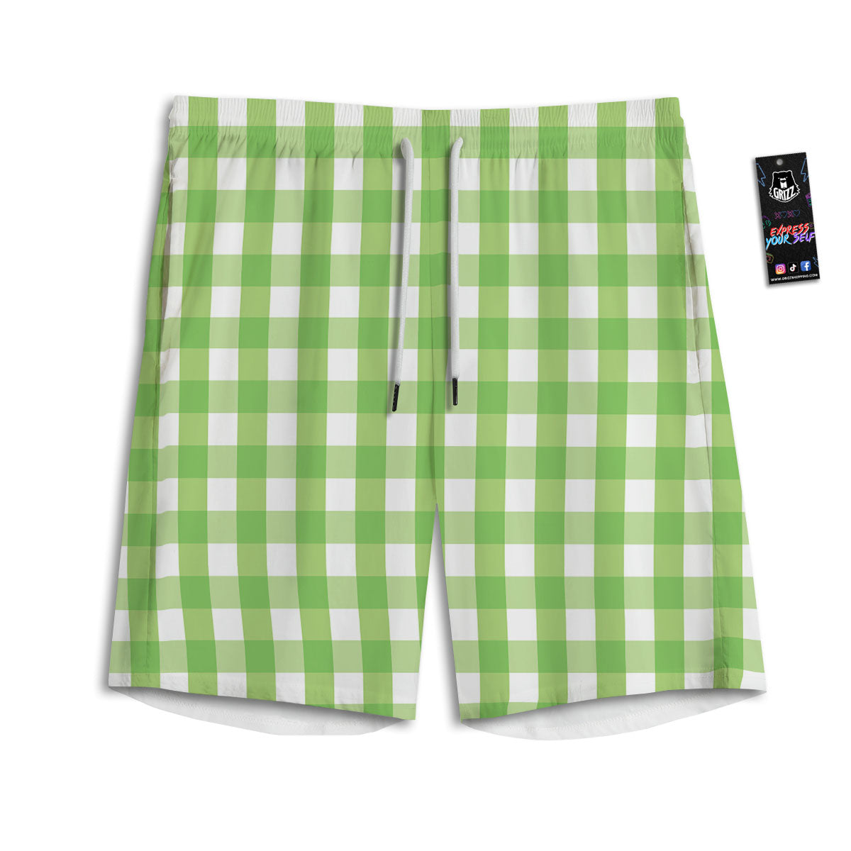 Checkered Green And White Print Pattern Men's Athletic Shorts