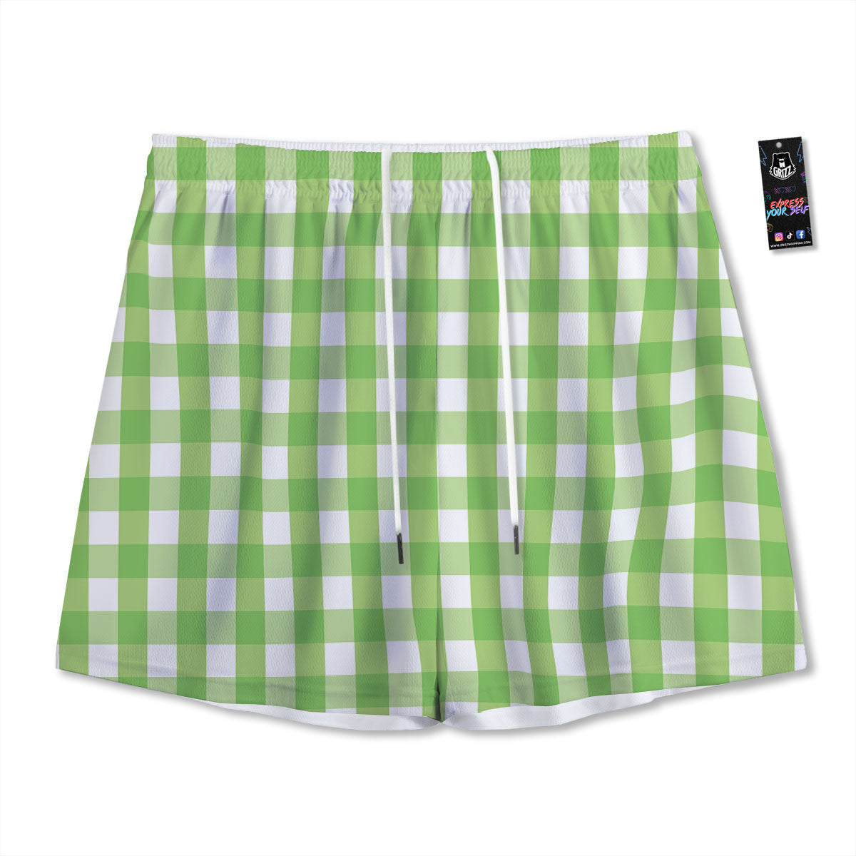 Checkered Green And White Print Pattern Mesh Shorts