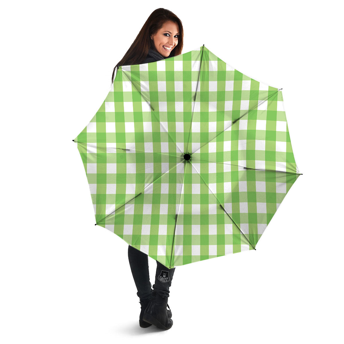 Checkered Green And White Print Pattern Umbrella-grizzshop