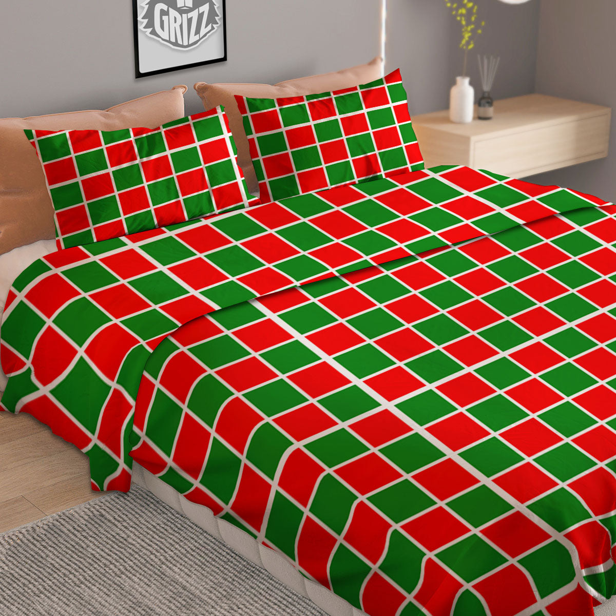 Checkered Merry Christmas Print Pattern Duvet Cover Bedding Set