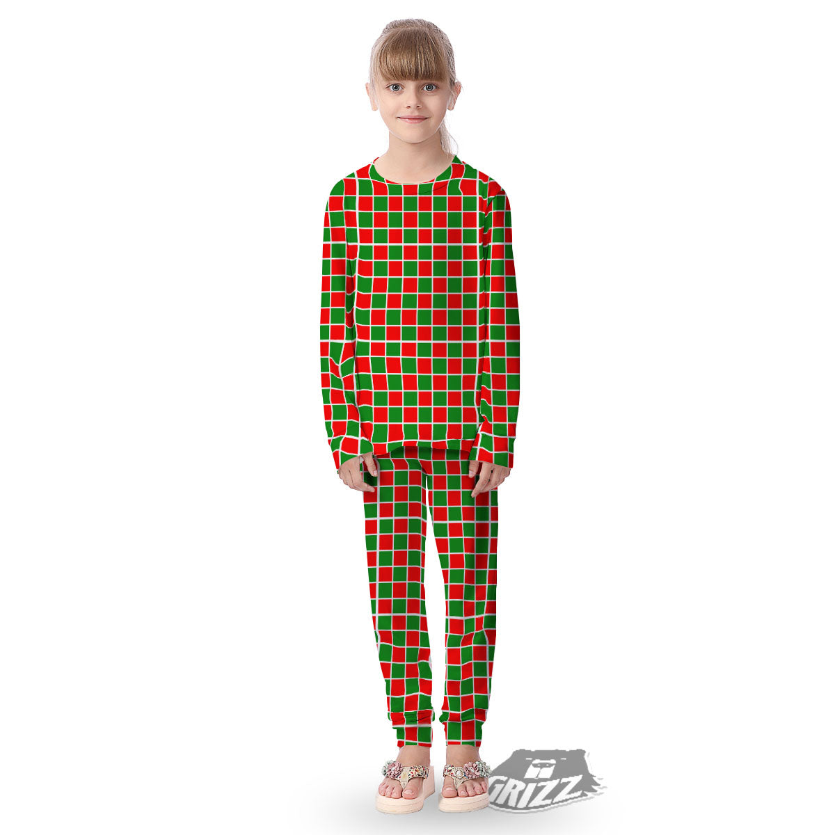 Checkered Merry Christmas Print Pattern Kid's Pajamas-grizzshop