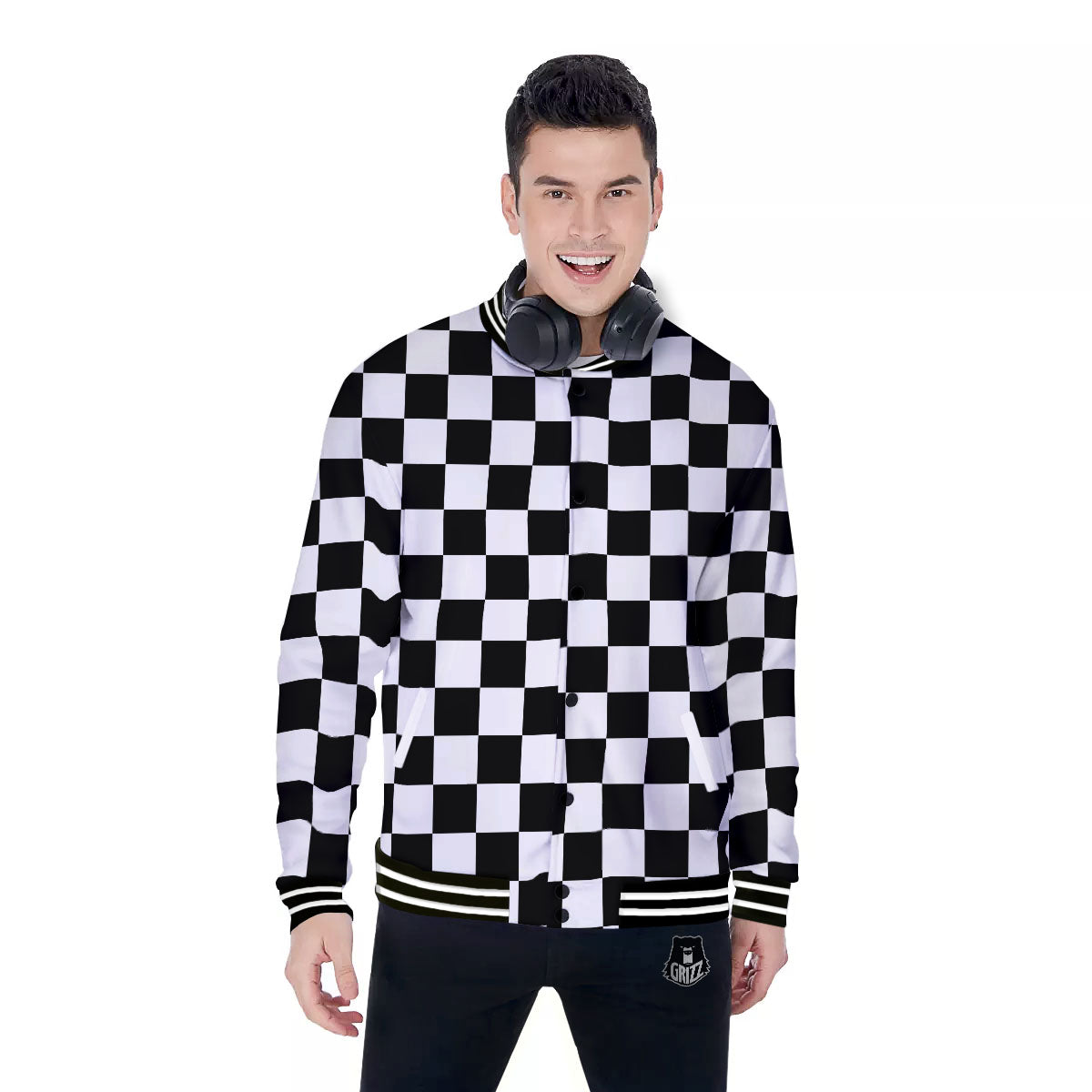 Checkered White And Black Print Pattern Baseball Jacket-grizzshop