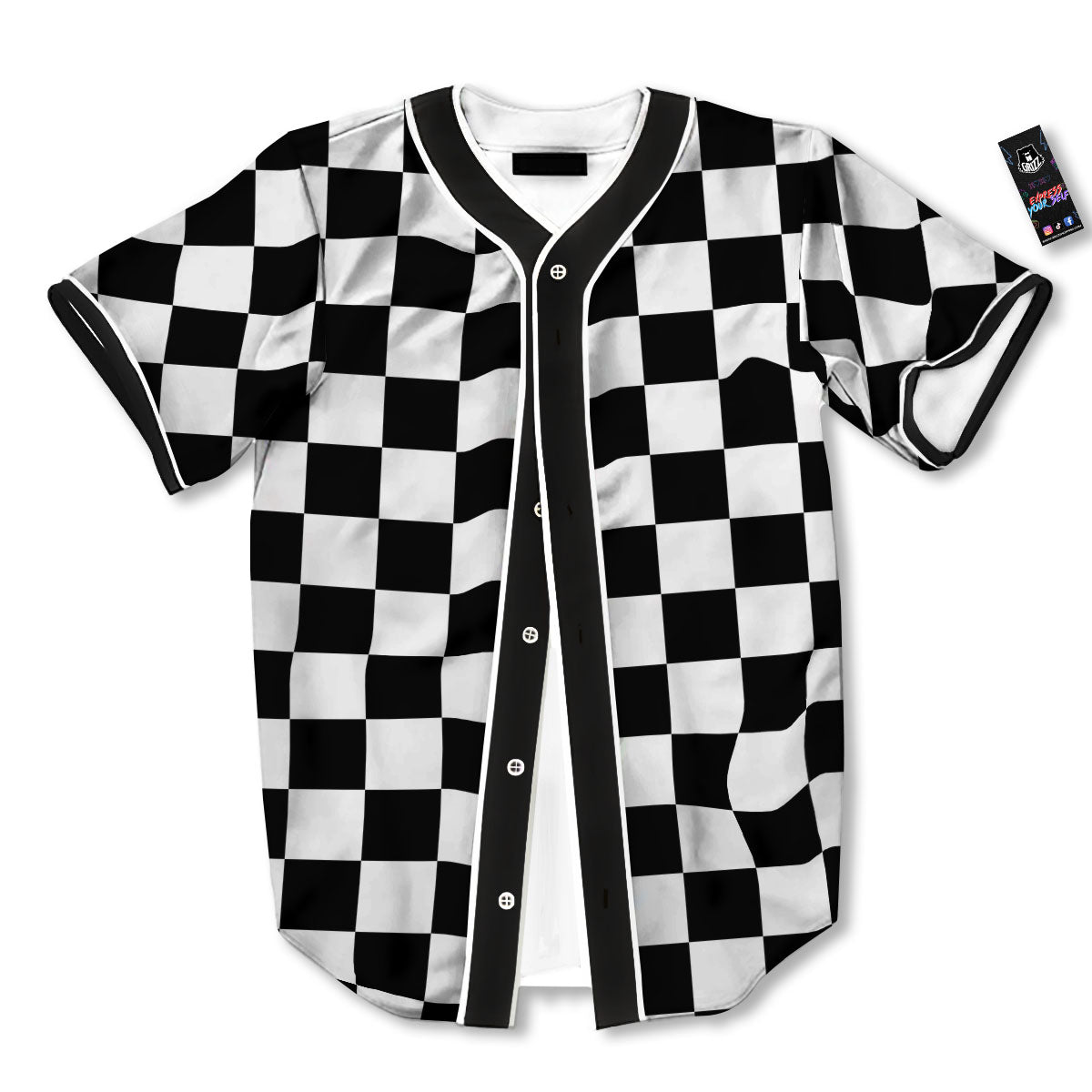 Checkered White And Black Print Pattern Baseball Jersey-grizzshop