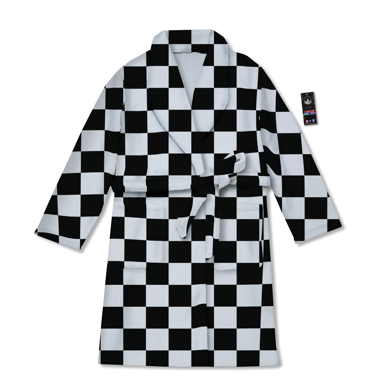 Checkered White And Black Print Pattern Bathrobe-grizzshop
